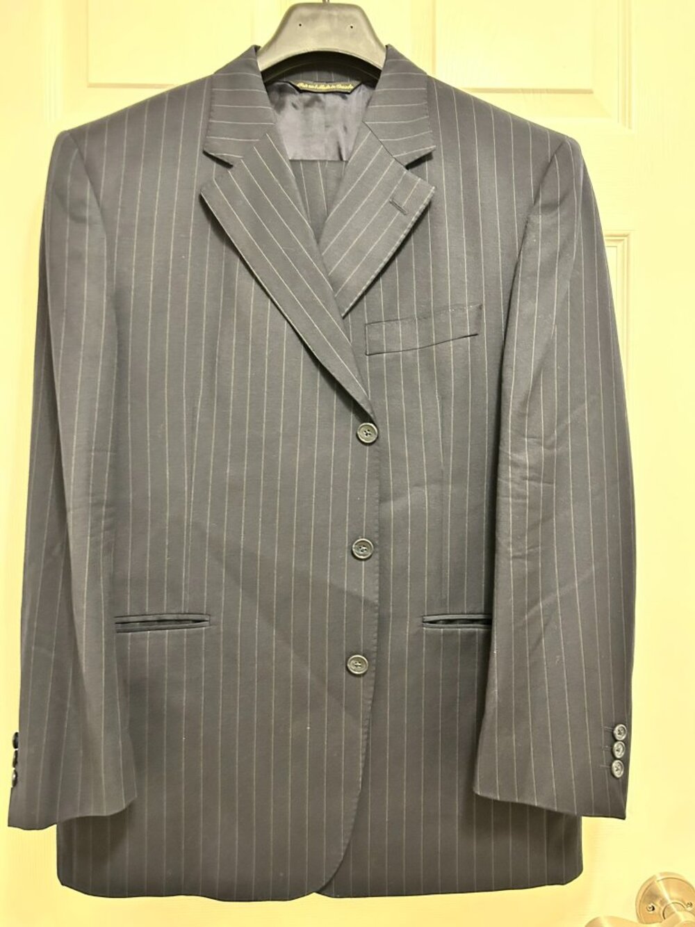 Savile Row suit 44S (pants 38S) charcoal pinstripes light grey